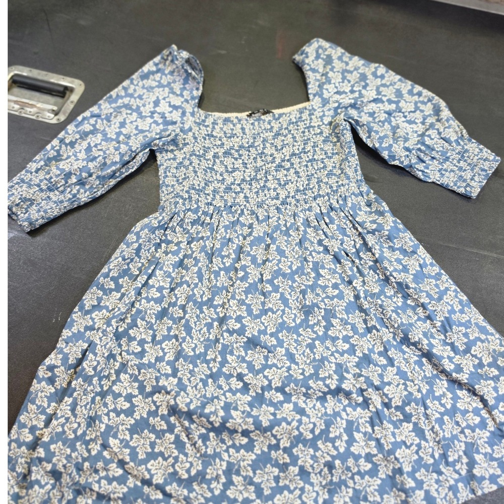 O.P.T. Blue White Floral Smocked Puff Sleeve Cotton Dress Med Cottagecore $188